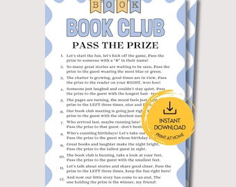 May include: A printable book club game card titled BOOK CLUB PASS THE PRIZE with a blue wavy border and yellow pennants spelling BOOK. The card lists twelve numbered instructions for passing a prize, featuring a yellow circular instant download icon.