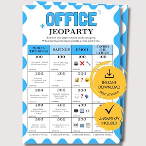 Puede incluir: Una hoja de juego Office Jeoparty imprimible con un borde azul ondulado. La cuadrícula presenta categorías como Who's The Boss, Sayings, Emoji y Finish The Lyrics con valores de 100 a 500 puntos. Incluye textos, líneas de respuesta y dos superposiciones circulares amarillas.