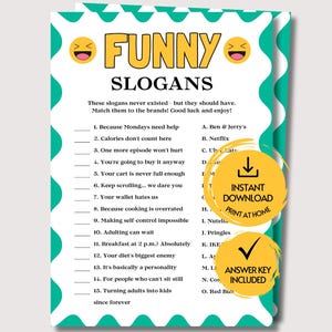 Op de afbeelding: Een wit spelblad getiteld FUNNY SLOGANS met twee lachende emoji's, met een lijst van vijftien slogans om te matchen met vijftien merken. De rand is een blauwgroen golvend patroon. Twee gele ronde badges vermelden INSTANT DOWNLOAD en ANSWER KEY INCLUDED.
