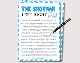 May include: A printed page with the title "THE SNOWMAN LEFT RIGHT" in large blue letters. The text describes a snowy day with kids building a snowman. A black pen rests on the page.
