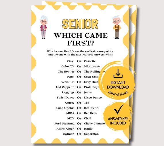 Senior Which Came First Game, Printable Brain Game for Seniors, Group Senior Game, Senior Night Game for Senior Citizens, Senior Trivia Quiz