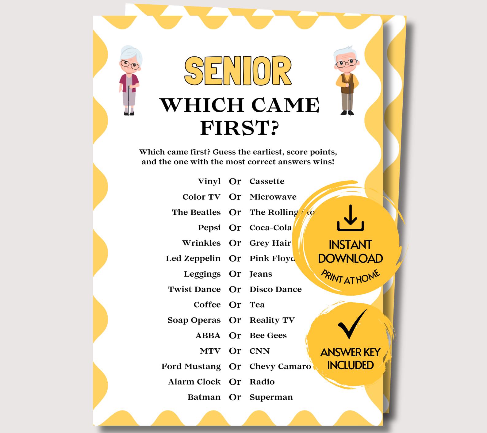 Senior Which Came First Game, Printable Brain Game for Seniors, Group