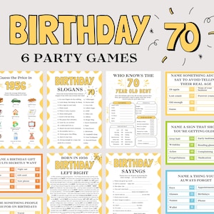 Puede incluir: Un conjunto de seis juegos imprimibles para una fiesta de cumpleaños número 70. Los juegos incluyen trivialidades, completar espacios en blanco y juegos de adivinanzas. El diseño presenta texto amarillo y blanco sobre un fondo gris claro.