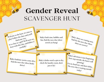 Gender Reveal Scavenger Hunt, Gender Reveal Scavenger Hunt Clues, Bee Gender Reveal Games, Mommy to Bee, Mama to Bee, What Will Baby Bee
