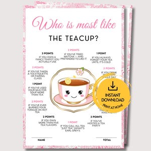 May include: A printable game card titled Who is most like THE TEACUP? featuring a pink and white border, a central illustration of a smiling teacup with a lemon slice, and various point-based questions about tea habits with a yellow download icon.