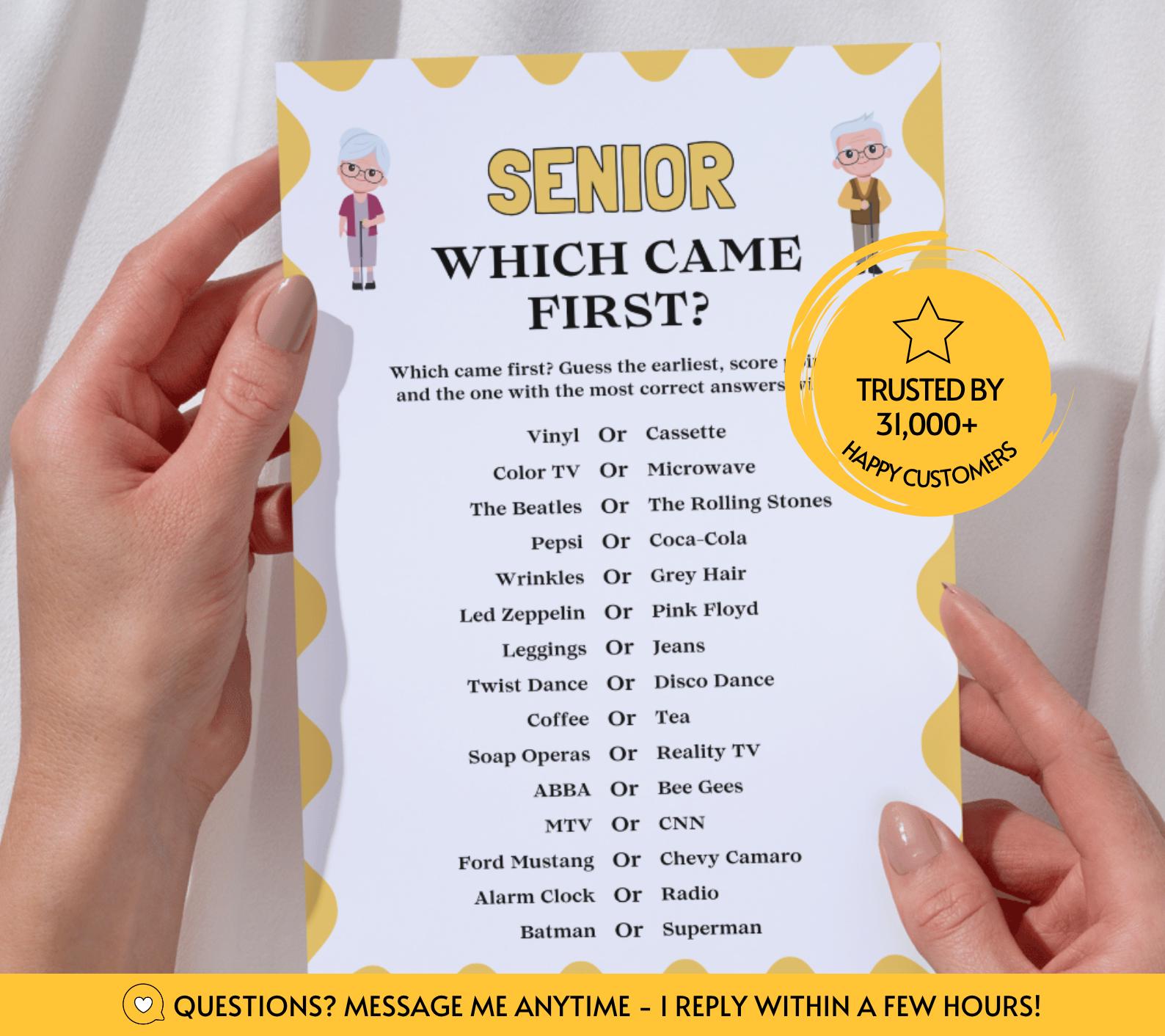 Senior Which Came First Game, Printable Brain Game for Seniors, Group