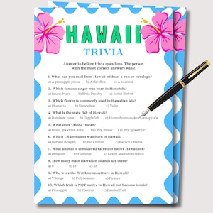 Hawaii Trivia Game, Printable Luau Party Game, Hawaiian Quiz, Aloha Party Game for Kids Adults, Tropical Party Game, Hawaiian Party Activity