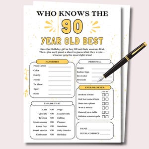 90th Birthday Who Knows the 90 Year Old Best Game, Fun 90th Birthday Game for Her Him, 90th Birthday Party Game, Born in 1936 Birthday Game