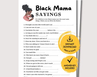 Black Mama Sayings Game, Fun Printable Black Baby Shower Game, Things Black Mamas Say Baby Shower Activity Fill in The Blank PDF