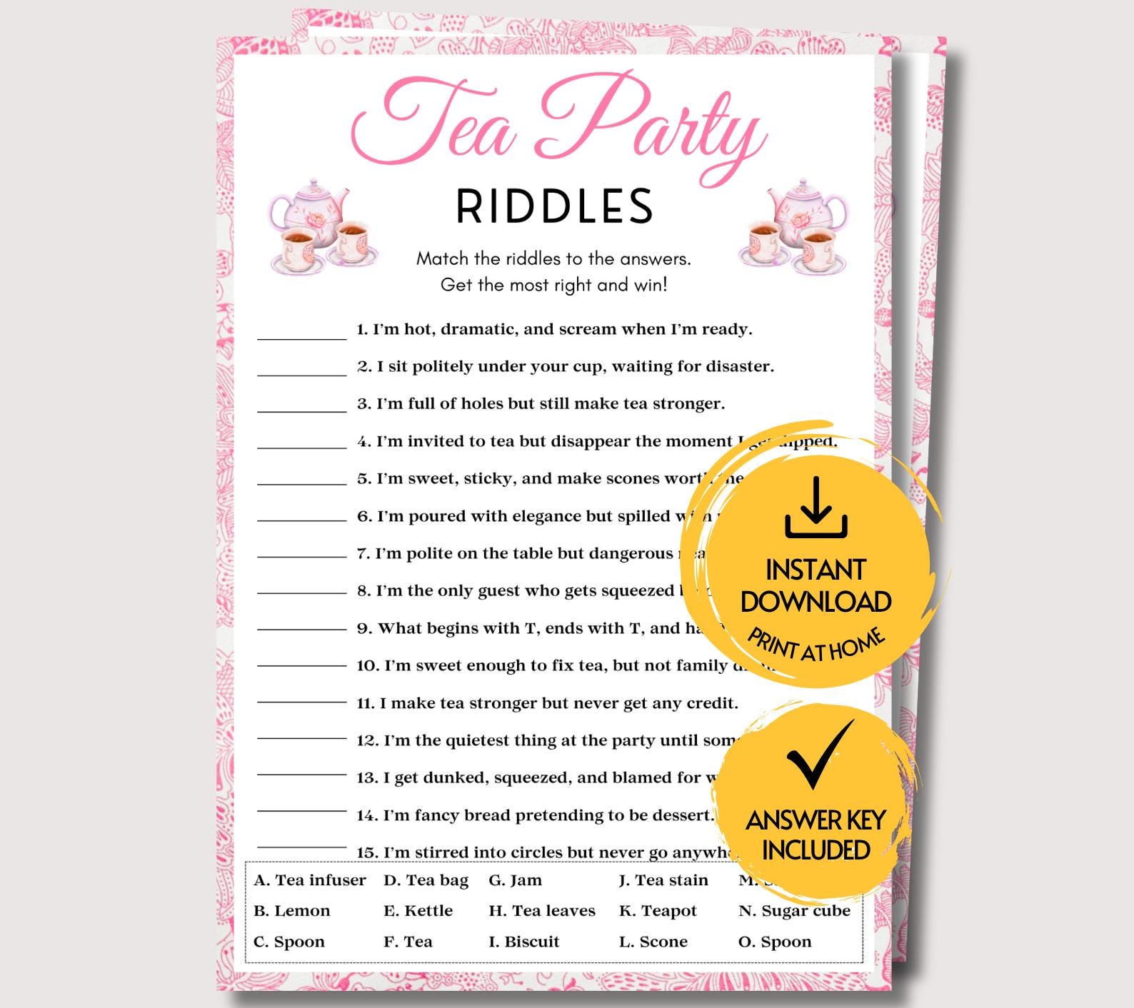 Tea Riddle With Answer Tea Party Riddles, Fun Printable Tea Party Game for Adults & Teens ...