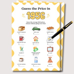 May include: A yellow and white game card titled "Guess the Price in 1956." The card features illustrations of items like bread, a car, eggs, and a TV set. A black pen with gold accents rests on the card.