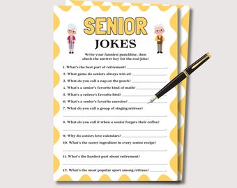 Peut inclure: Une feuille de jeu en papier blanc intitulée SENIOR JOKES avec une bordure jaune festonnée, illustrée de dessins de personnes âgées et d'un stylo plume noir. Le texte comprend douze questions numérotées sur la retraite et la vie des seniors.