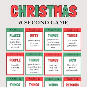 Puede incluir: Un juego de mesa con temática navideña titulado "CHRISTMAS 5 SECOND GAME" en rojo y verde. El juego presenta categorías como "LUGARES", "REGALOS" y "COSAS", con indicaciones para que los jugadores nombren tres elementos en cinco segundos.