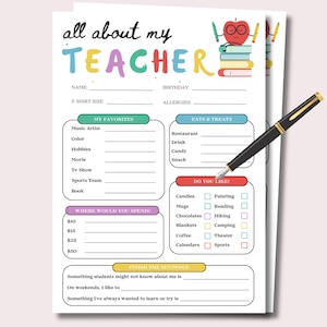 All About My Teacher Favorite Things Questionnaire, Printable Teacher Survey Template, Favorite Things, Get To Know Teacher Appreciation