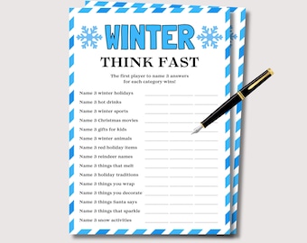 May include: A white sheet of paper with a blue and white border featuring the text "WINTER THINK FAST". The game sheet includes categories like winter holidays, sports, and movies. A black pen with gold accents rests on the paper.