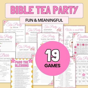 Puede incluir: Una colección de 19 juegos de Bible Tea Party, con trivia, acertijos y más. Los juegos tienen un diseño rosa y floral, con títulos como "Emoji Game" y "Love Sayings". Las palabras "Bible Tea Party" están en la parte superior.