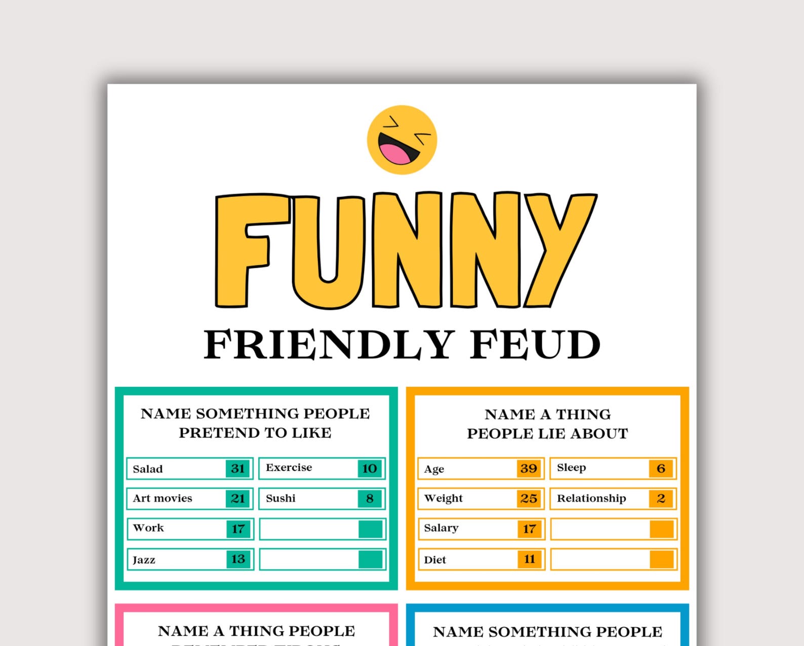 Funny Friendly Feud Game, Fun Party Game for Adults, Family Reunion ...