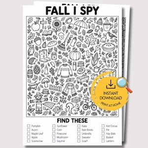 May include: A black and white printable Fall I Spy activity sheet featuring various autumn-themed illustrations like pumpkins, leaves, and squirrels. The page includes a list titled FIND THESE with checkboxes for items to locate within the drawing.