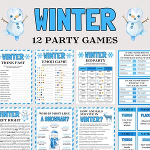 May include: A collection of 12 winter-themed party games, featuring a blue and white color scheme. The games include Think Fast, Emoji Game, Jeopardy, and Left Right, with snowman illustrations and text like "Winter" and "Party Games."
