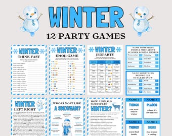 May include: A collection of 12 winter-themed party games, featuring a blue and white color scheme. The games include Think Fast, Emoji Game, Jeopardy, and Left Right, with snowman illustrations and text like "Winter" and "Party Games."