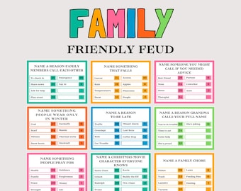 May include: A colorful game board titled "Family Friendly Feud" with various question categories and answer options. The game is designed for family gatherings and includes categories like "Name a Reason Family Members Call Each Other."