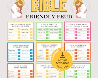 May include: A Bible Friendly Feud game sheet featuring nine colorful question boxes with survey answers and point values. The header displays the title in bold text with illustrations of a figure embracing a child on both sides.