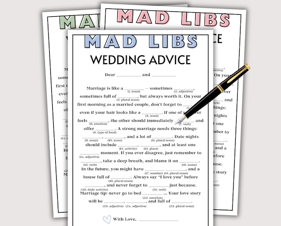 Mad Libs Wedding Advice Cards, Fun Wedding Game & Bridal Shower Activity, Bachelorette Game, Wedding Activities, Rehearsal Dinner Games