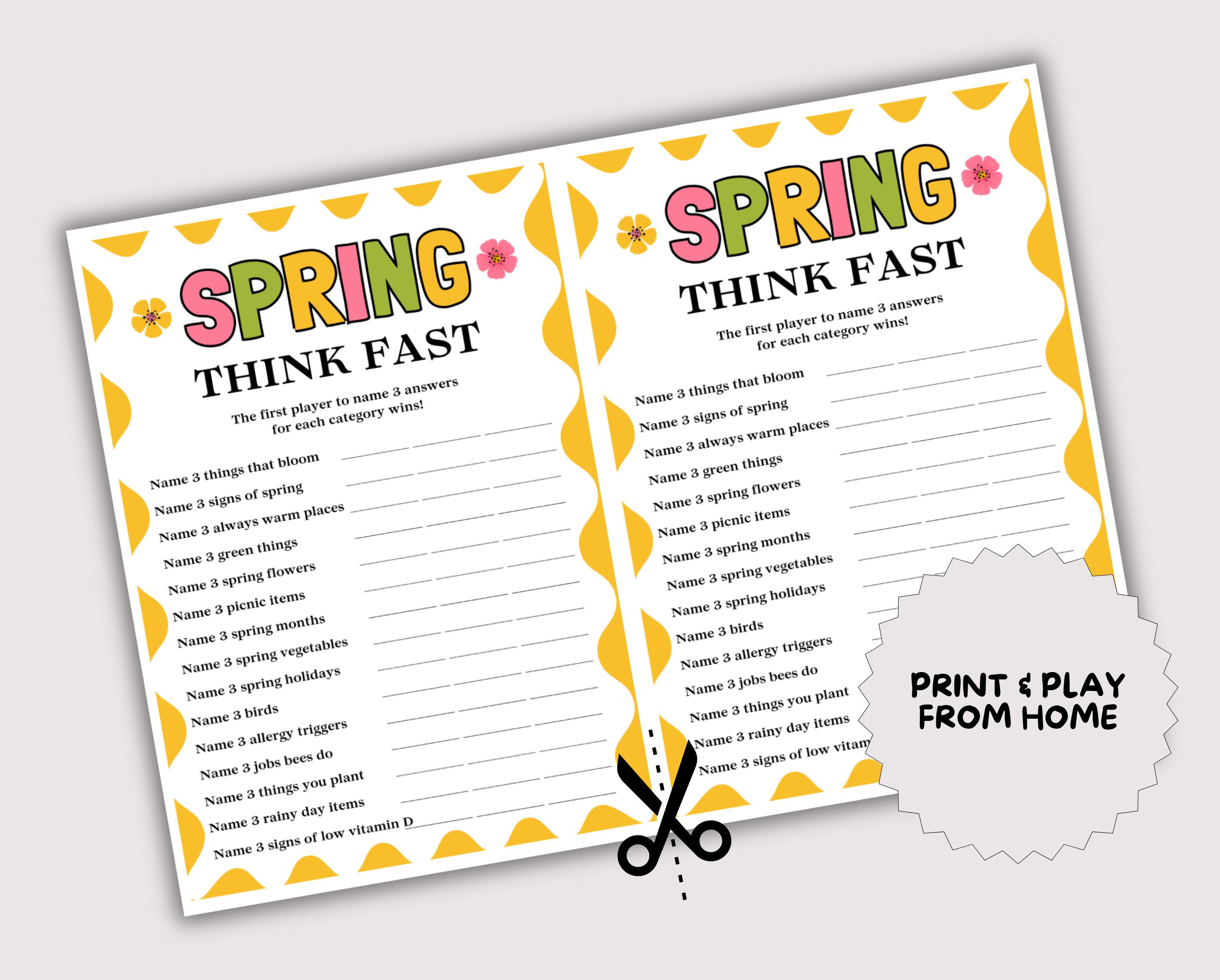 Spring Think Fast Game, Fun Printable Spring Game for Kids Adults ...