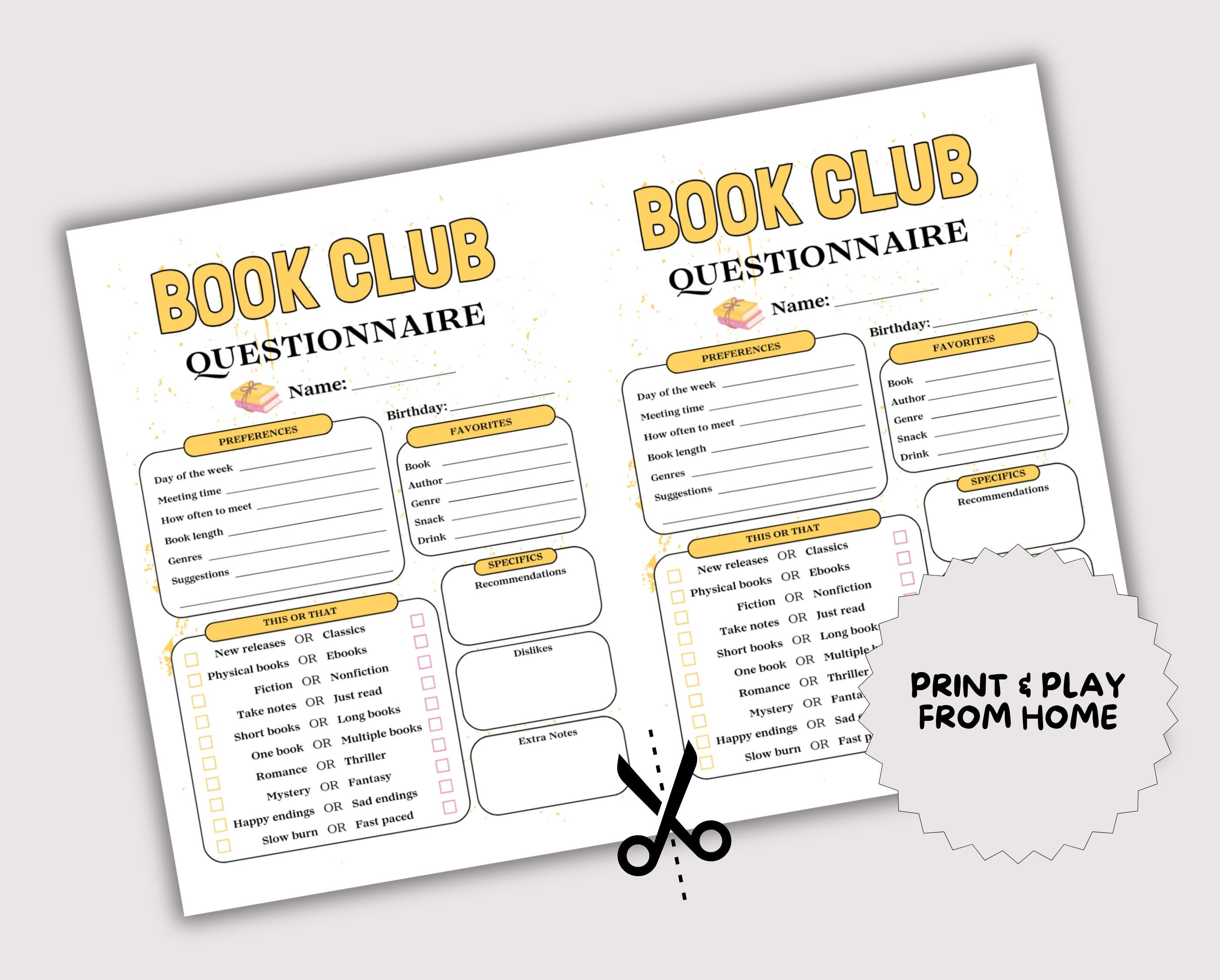 Book Club Questionnaire, Fun Printable All About Me Book Club Activity ...