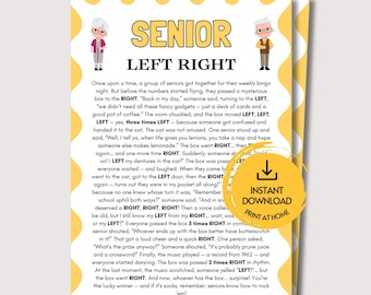 Peut inclure: Une feuille de jeu imprimable intitulée SENIOR LEFT RIGHT avec une bordure ondulée jaune. Elle présente des illustrations de personnes âgées de chaque côté du titre. Le texte raconte une soirée bingo et un badge circulaire jaune indique INSTANT DOWNLOAD PRINT AT HOME.