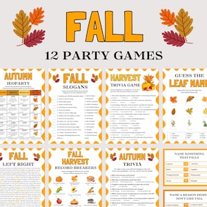 May include: A collection of twelve fall-themed party games, including trivia, Jeopardy, and guessing games. The design features orange and yellow text with decorative fall leaves.