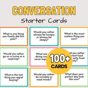 Op de afbeelding: Een set gespreksstarterkaarten met kleurrijke randen en diverse vragen. De kaarten zijn gerangschikt in een raster, met een gele cirkel in het midden met de tekst "100+ CARDS". De titel "CONVERSATION Starter Cards" staat bovenaan.