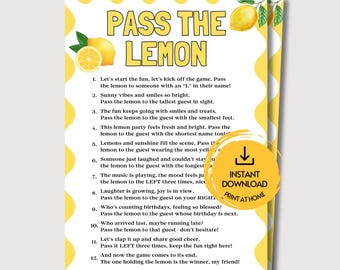 Pass the Lemon Spiel, lustiges druckbares Zitronen-Partyspiel für Erwachsene und Kinder, Zitronen-Thema Pass den Preis, Zitronen-Geburtstag, Zitrusbrautsparty