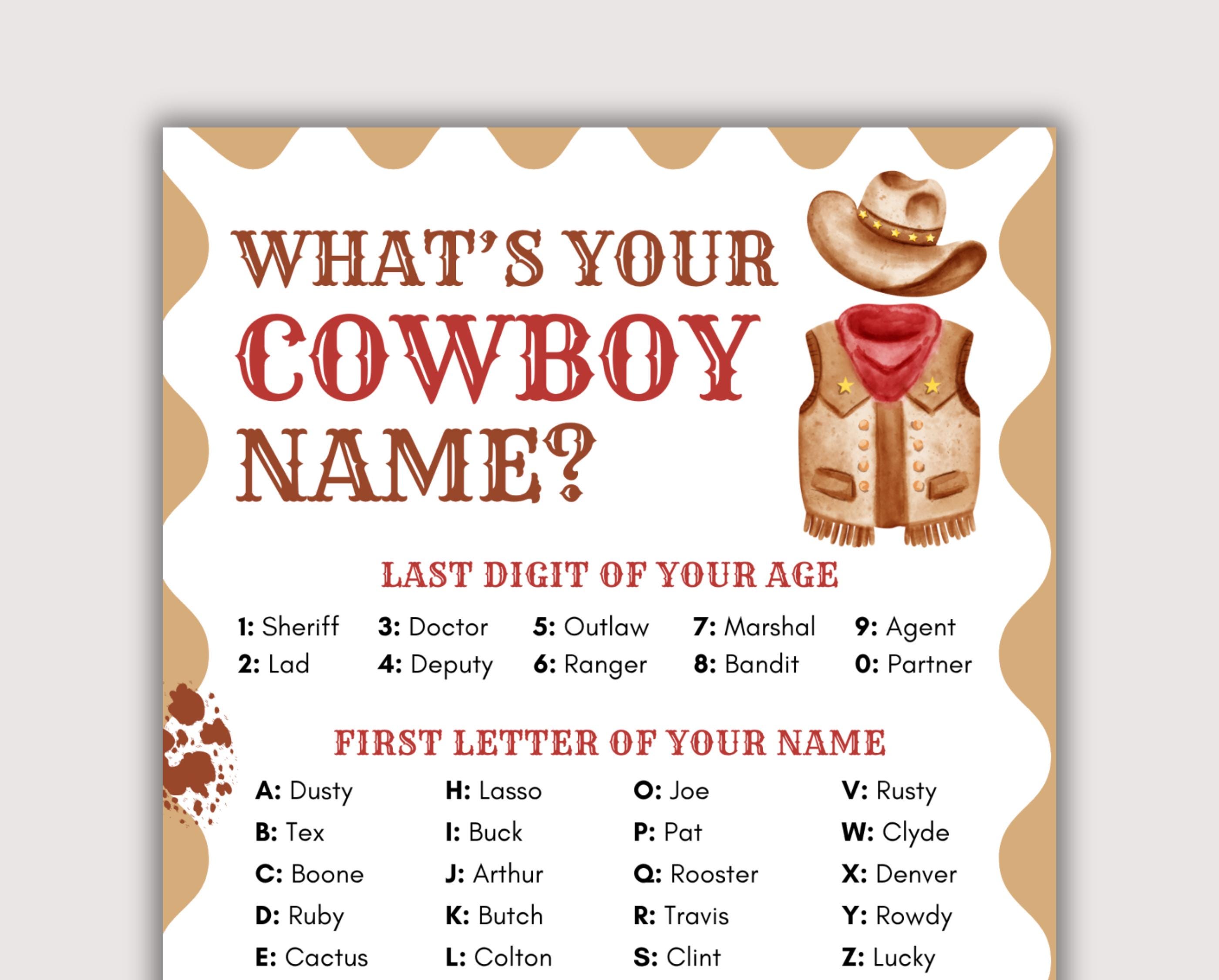 Whats Your Cowboy Name Game, Printable Cowboy Birthday Party Game for ...
