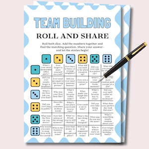 May include: Team building game with dice roll questions. The game is on a white background with a blue wave pattern. A black and gold pen rests on the game board. The game is designed to encourage sharing and storytelling.