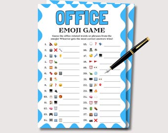May include: A white game sheet titled OFFICE EMOJI GAME with a blue wavy border, featuring a list of twenty-eight emoji sequences for guessing office-related terms, accompanied by a black and gold fountain pen resting diagonally across the paper.