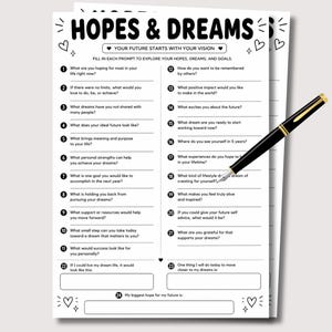 Könnte beinhalten: Ein weißes Arbeitsblatt mit dem Titel HOPES & DREAMS und dem Untertitel YOUR FUTURE STARTS WITH YOUR VISION. Das Dokument enthält vierundzwanzig nummerierte Fragen mit Schreibzeilen, dekorativen Herzsymbolen und einem schwarzen Füllfederhalter darauf.