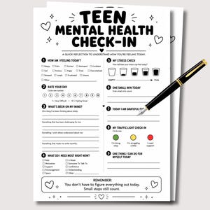 Teen Mental Health Check In Worksheet, Printable Teen Therapy Game, Teen Journal School Counseling Therapy Intervention Emotional Regulation