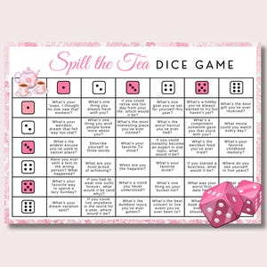 Verschütten Sie den Tee Spiel, Teeparty-Spiel zum Ausdrucken, Teeparty-Würfelspiel Damen-Teeparty Erwachsenen-Teeparty-Spiel Tee-Party-Aktivitäten für Frauen Mädchen