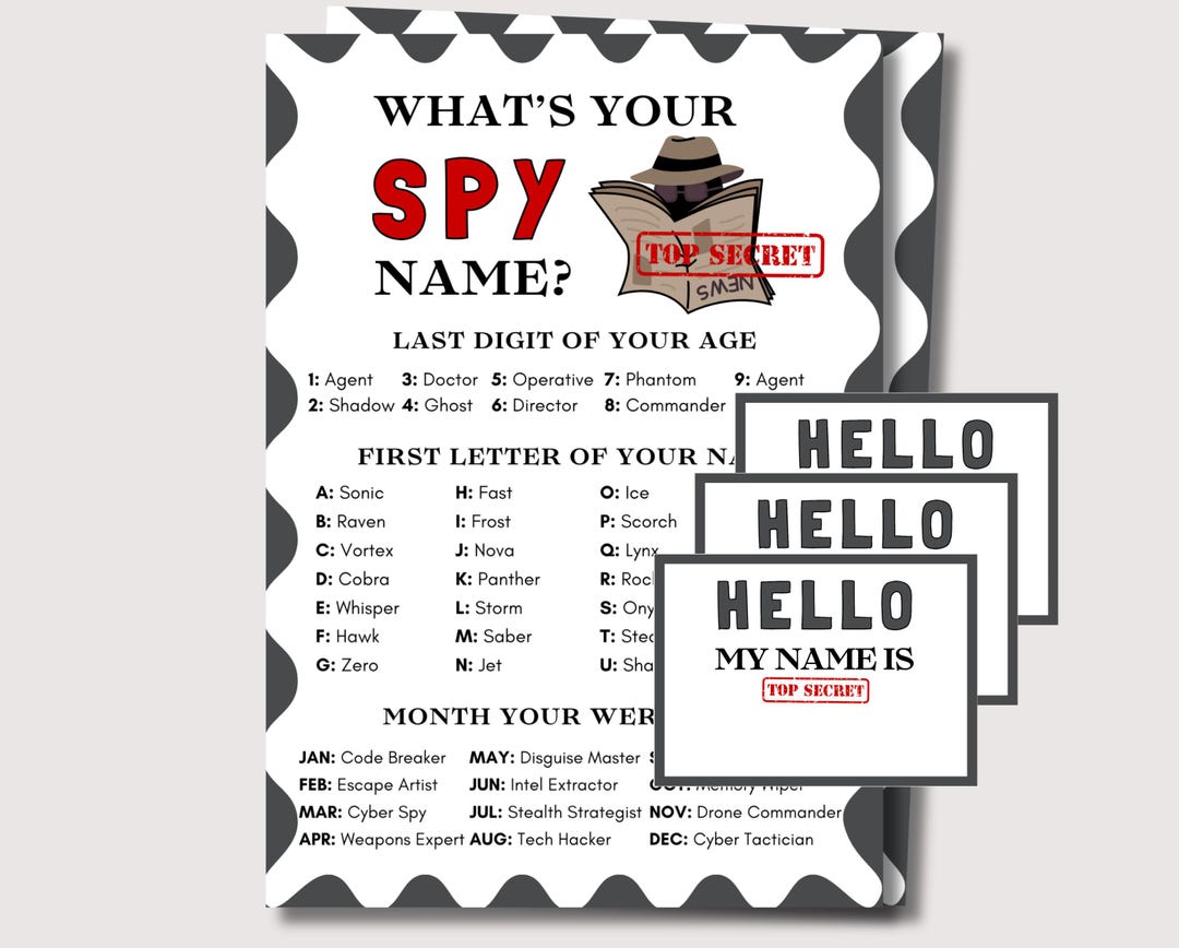 What's Your Spy Name Game, Top Secret Agent Badges Name Generator, Spy ...