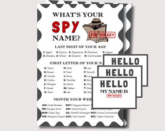 What&#39;s Your Spy Name Game, Top Secret Agent Badges Name Generator, Spy Party Name Tags, Detective Games, Spy Birthday, Secret Agent Party