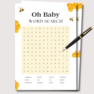 Può includere: Un gioco di baby shower stampabile con un puzzle di ricerca di parole. Il puzzle presenta parole relative ai bambini, come "pannolini", "sonaglio", "tutina" e "salviette". Il puzzle è progettato con un motivo a nido d'ape e illustrazioni di api.