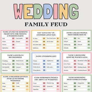 May include: A colorful Wedding Family Feud game board with various categories and answer lists. The text "WEDDING" is in large, multi-colored letters at the top. Categories include excuses for missing a wedding, wedding gifts, and romantic gestures.