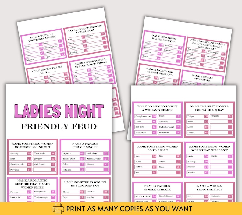 Peut inclure: Un jeu imprimable Ladies Night Friendly Feud compos&eacute; de plusieurs cartes avec des encadr&eacute;s roses. Chaque encadr&eacute; contient des questions de type sondage et des listes de r&eacute;ponses avec des scores num&eacute;riques. Le titre indique Ladies Night Friendly Feud.