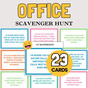 May include: Office Scavenger Hunt game set featuring 23 cards with colorful borders and text riddles. Each card contains a clue about common office items or locations, such as the bathroom, microwave, or desk, presented in a grid layout with a yellow emoji.