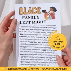 May include: A white game card titled Black Family Left Right featuring an illustration of two people baking. The text describes a family reunion scenario with directional instructions. A yellow circular badge states Trusted by 31,000+ Happy Customers.