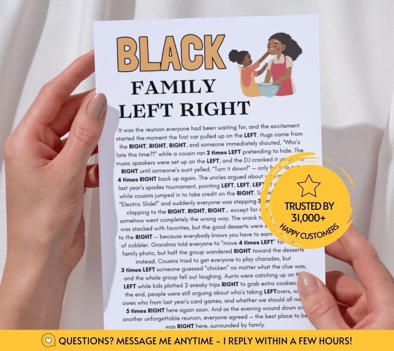 May include: A white game card titled Black Family Left Right featuring an illustration of two people baking. The text describes a family reunion scenario with directional instructions. A yellow circular badge states Trusted by 31,000+ Happy Customers.