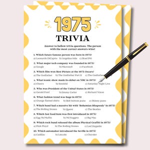 Jeu-questionnaire 1975, Jeux de société pour le 50e anniversaire, Jeu-questionnaire 50e anniversaire, Faits amusants sur l'anniversaire de 1975, Retour en 1975, Né en 1975 Imprimable