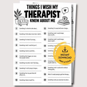 Op de afbeelding: Een zwart-wit printbaar therapiewerkblad met de titel THINGS I WISH MY THERAPIST KNEW ABOUT ME. Het bevat twintig genummerde vragen met schrijflijnen, versierd met illustraties van een plant, een fauteuil en een stapel boeken.