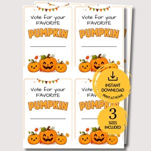 May include: A printable sheet featuring four identical voting cards for a pumpkin contest. Each card displays the text Vote for your FAVORITE PUMPKIN, a line for writing, and illustrations of three orange jack-o'-lanterns with autumn leaves.